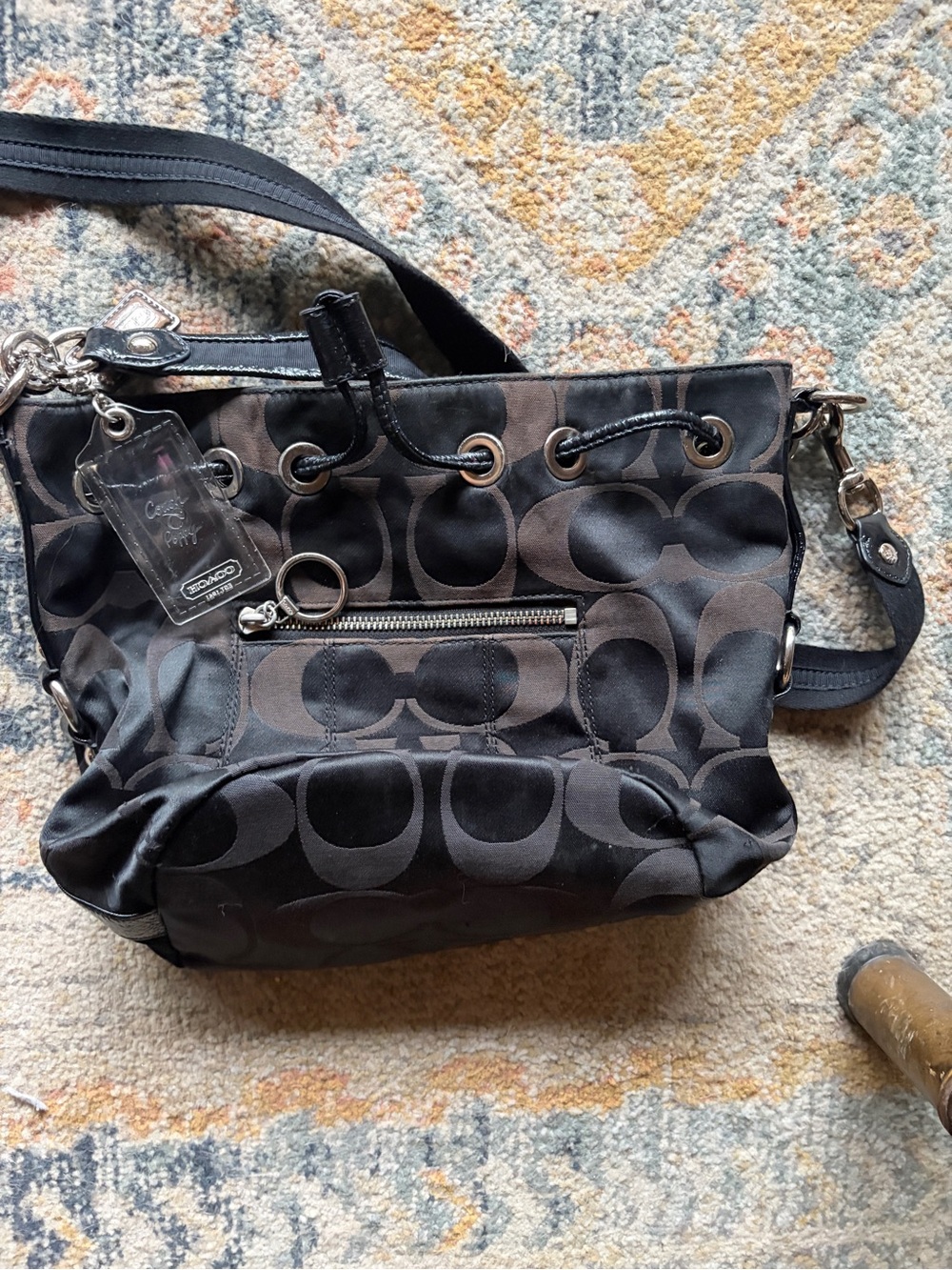 Coach Black and Dark Brown Signature Canvas Drawstring Shoulder Bag
